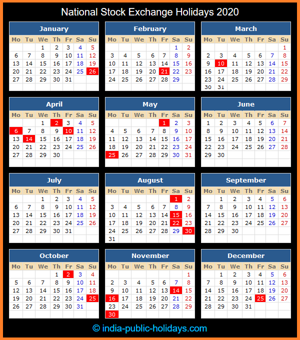 National Stock Exchange Holiday Calendar 2020